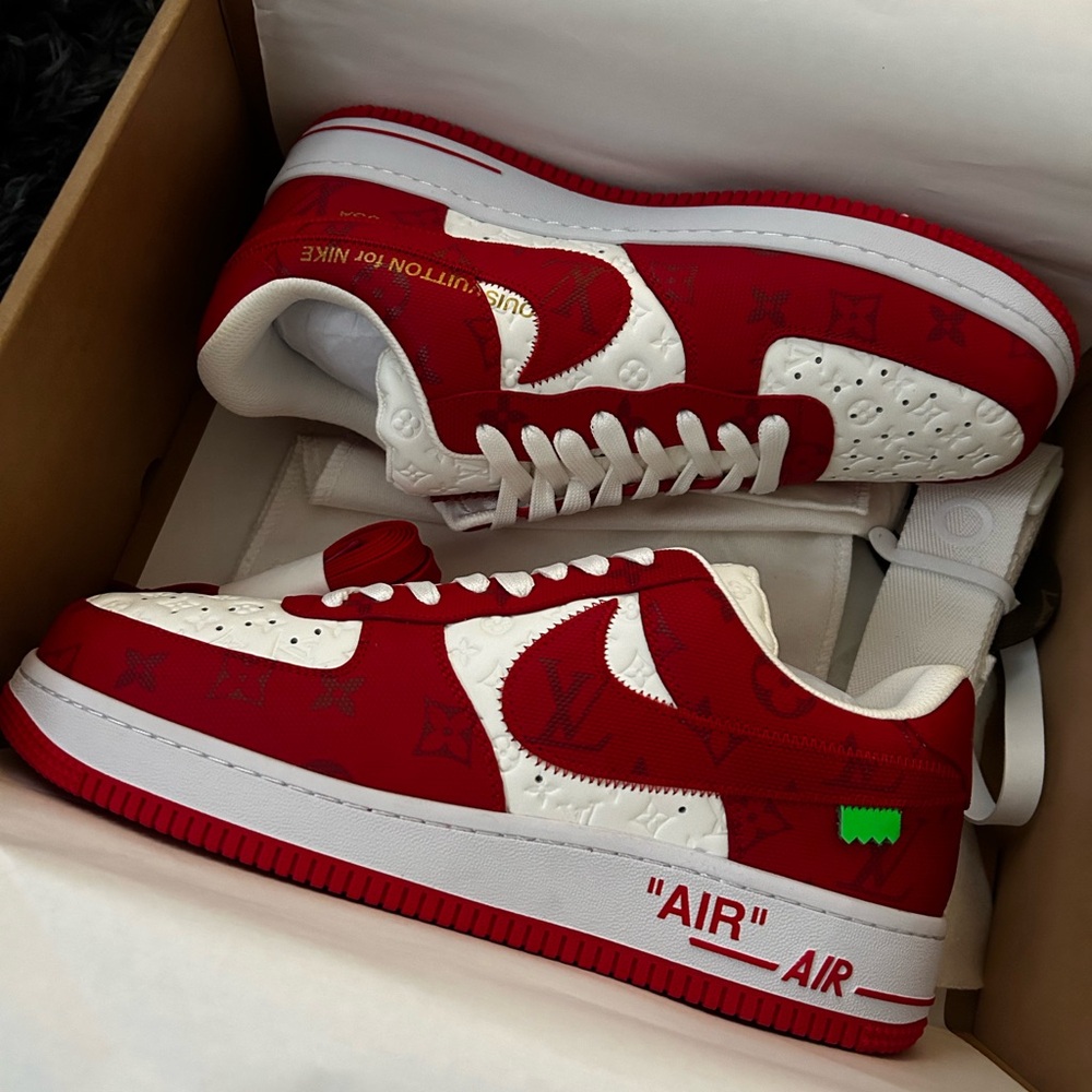 Red and White Louis Vuitton Nike sneakers size 10